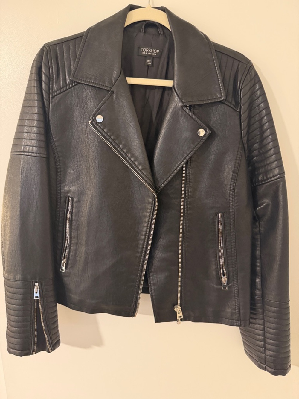 Topshop Black Quilted-Sleeve Faux Leather Moto Jacket